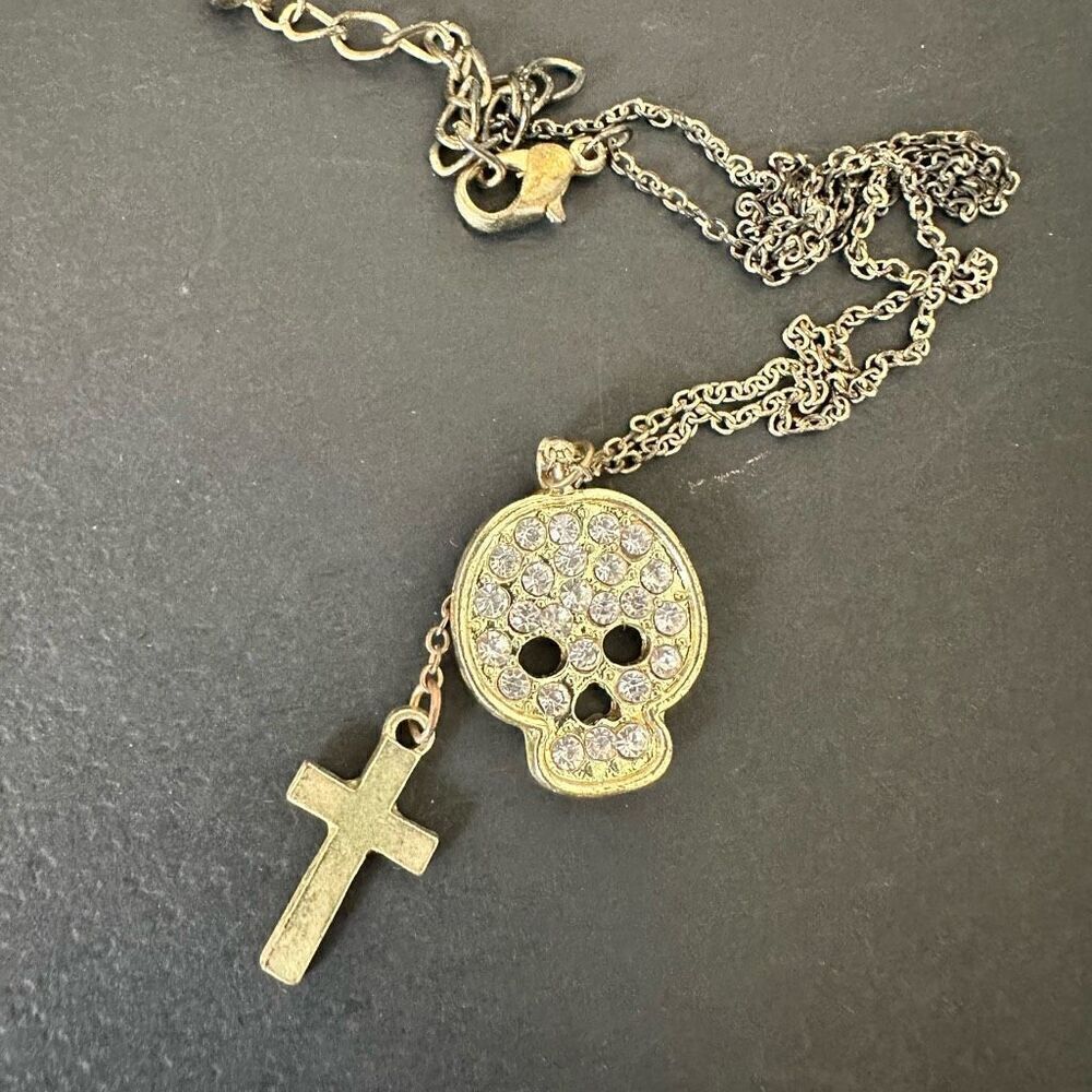 Forever 21 Rhinestone Embellished Skull Drop Cross Pendant Necklace Goldtone 16"